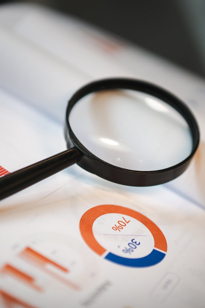 Home An image showcasing a magnifying glass placed on financial graphs and charts depicting statistical data.